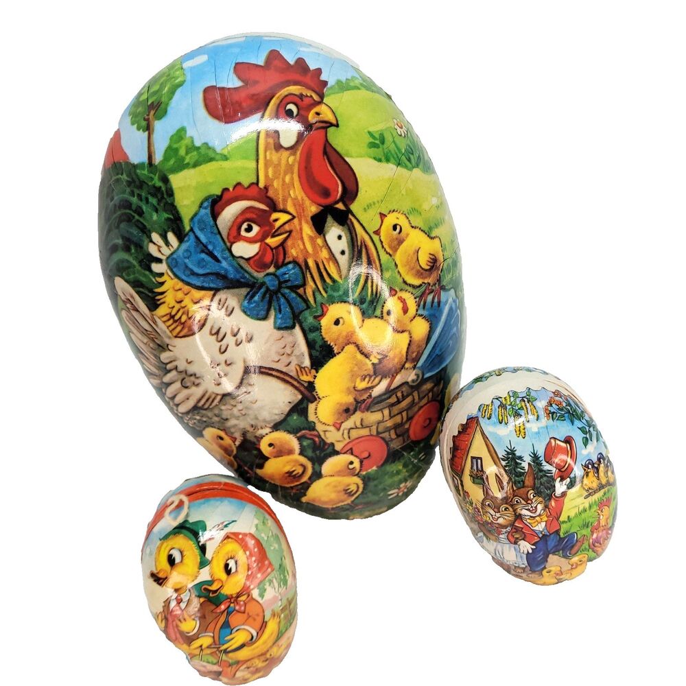 German Paper‎ Mache Egg Candy Containers Spring Easter Chicks Rabbit Birds Vtg